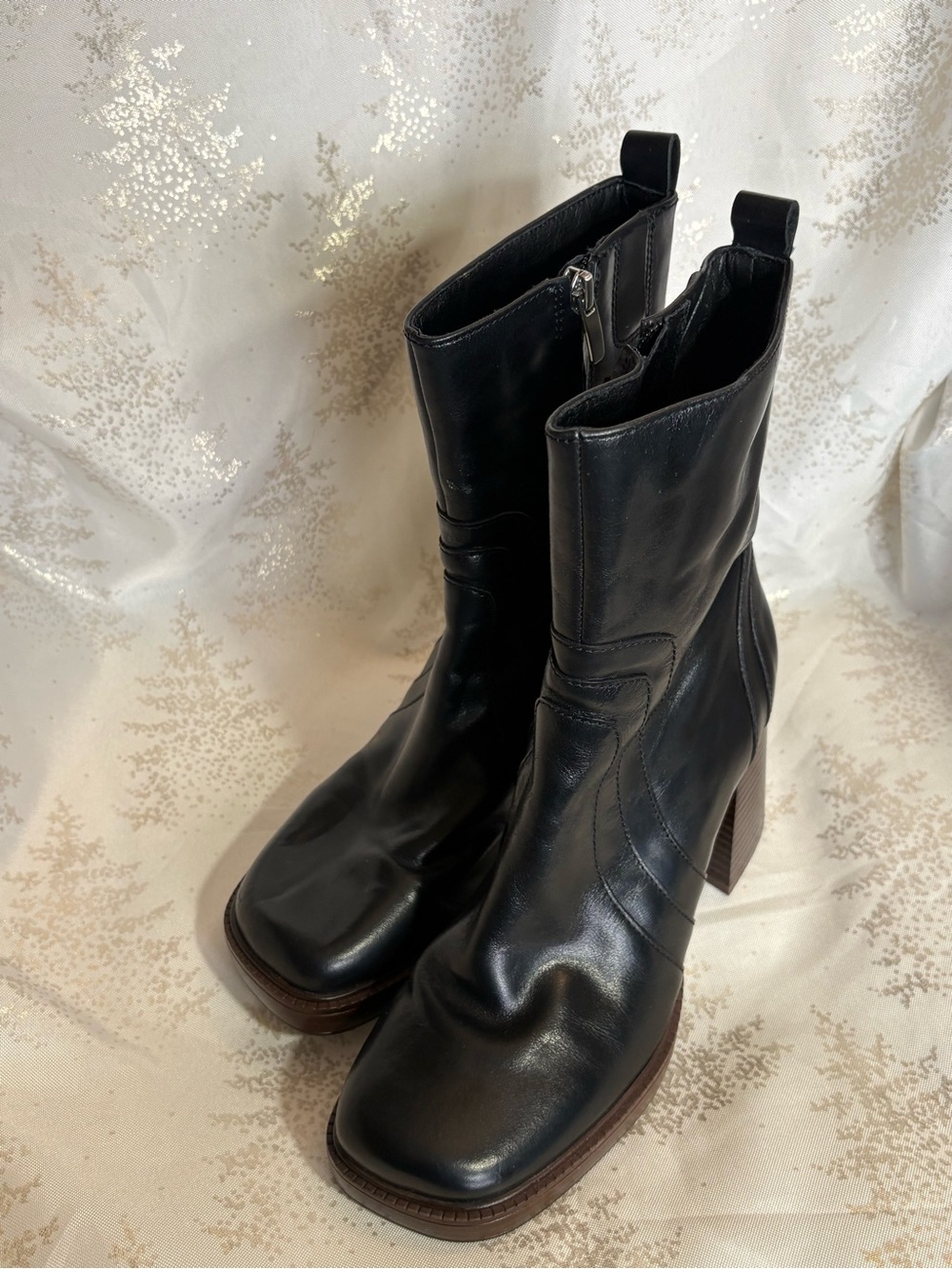 Nine West Black Leather Platform Block Heel Ankle Boots - Picture 14 of 16
